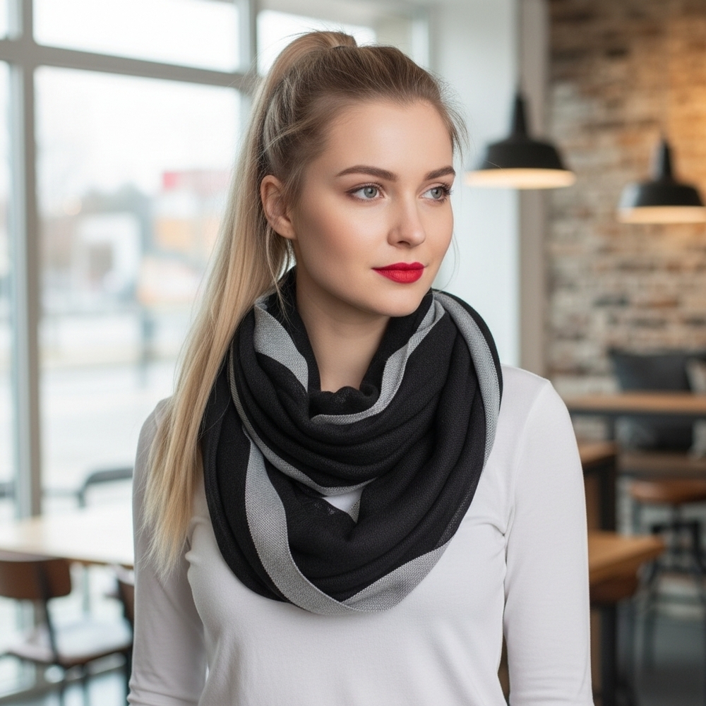 Halogen Black and Gray Linen Blend Infinity Scarf
